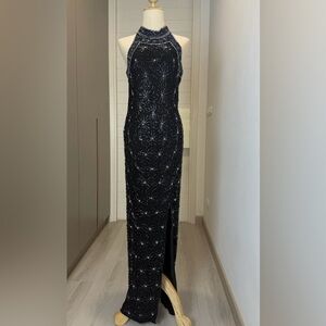 Vtg Adrianna Papell boutique silk Black Beaded Maxi Dress promo